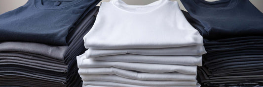 Three stacks of folded men's t-shirts in navy, white and charcoal against a grey background.