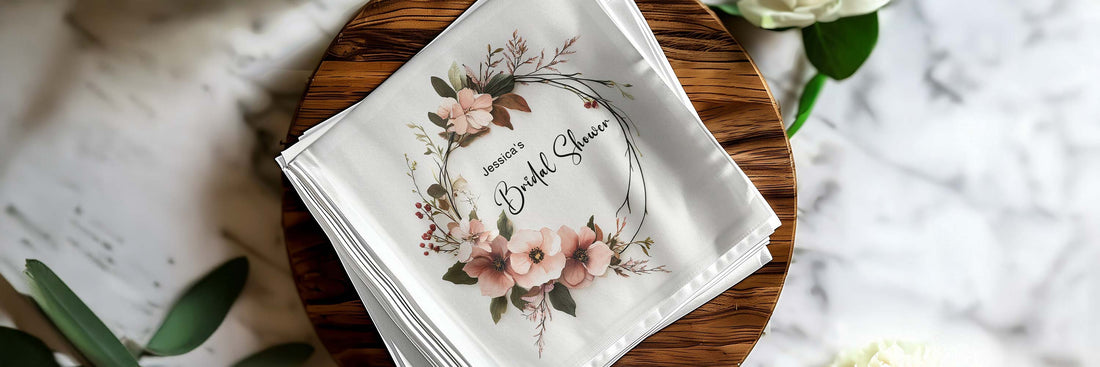 Personalised bridal shower napkins with blush floral wreath design displayed on a wooden tray.