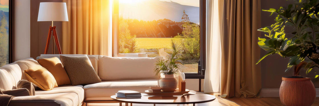 Golden sunlight streaming through a living room window onto a sofa, plants and floor lamp.