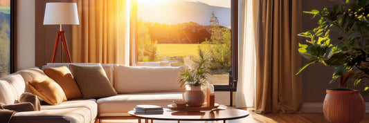 Golden sunlight streaming through a living room window onto a sofa, plants and floor lamp.