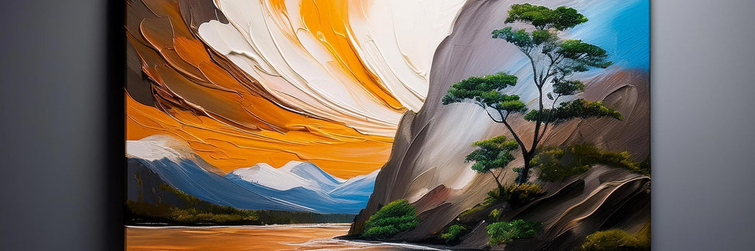 Canvas artwork featuring a dramatic orange sky, tree silhouette and textured landscape scene.