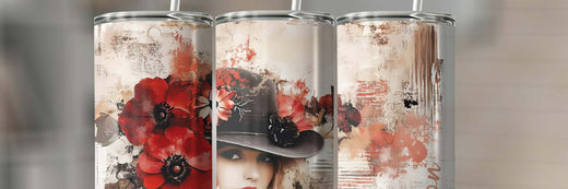 A 20oz skinny tumbler featuring a vintage-style woman and red poppy wrap-around artwork shown from multiple angles.