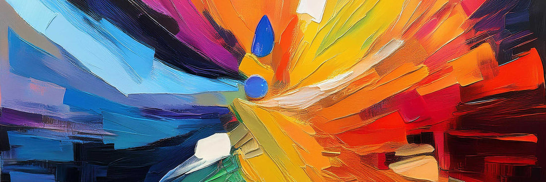 Abstract oil painting with bold yellow, orange and blue brushstrokes radiating from a central focal point.