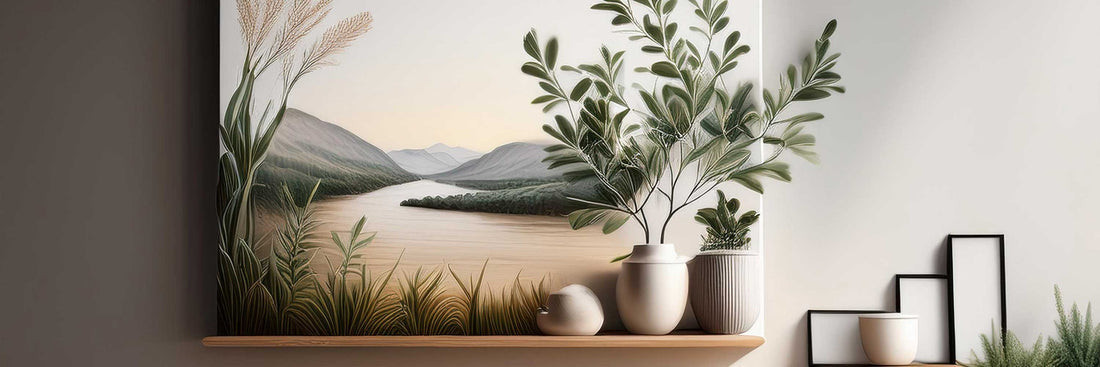 Botanical canvas artwork displayed on a styled shelf with ceramic vases and home decor accents.