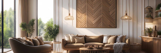 Modern living room with camel sofa, timber wall panel, pendant lighting and floor-to-ceiling windows.