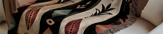 Woven throw blanket with abstract botanical pattern in terracotta, sage green, black and cream draped over sofa.