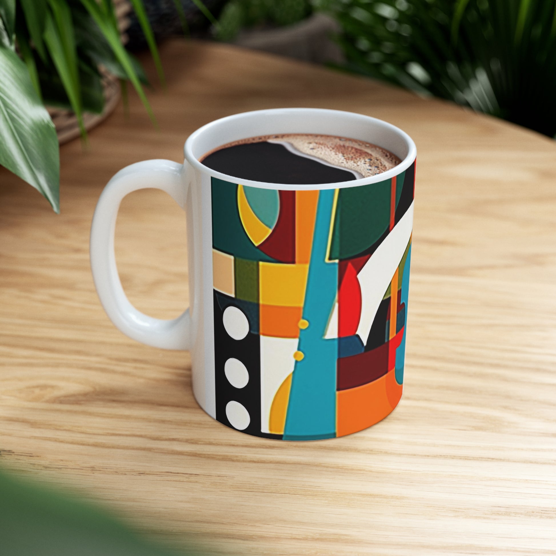 Music mug on table with contemporary soundwave design, 11oz ceramic body and C-handle for comfort