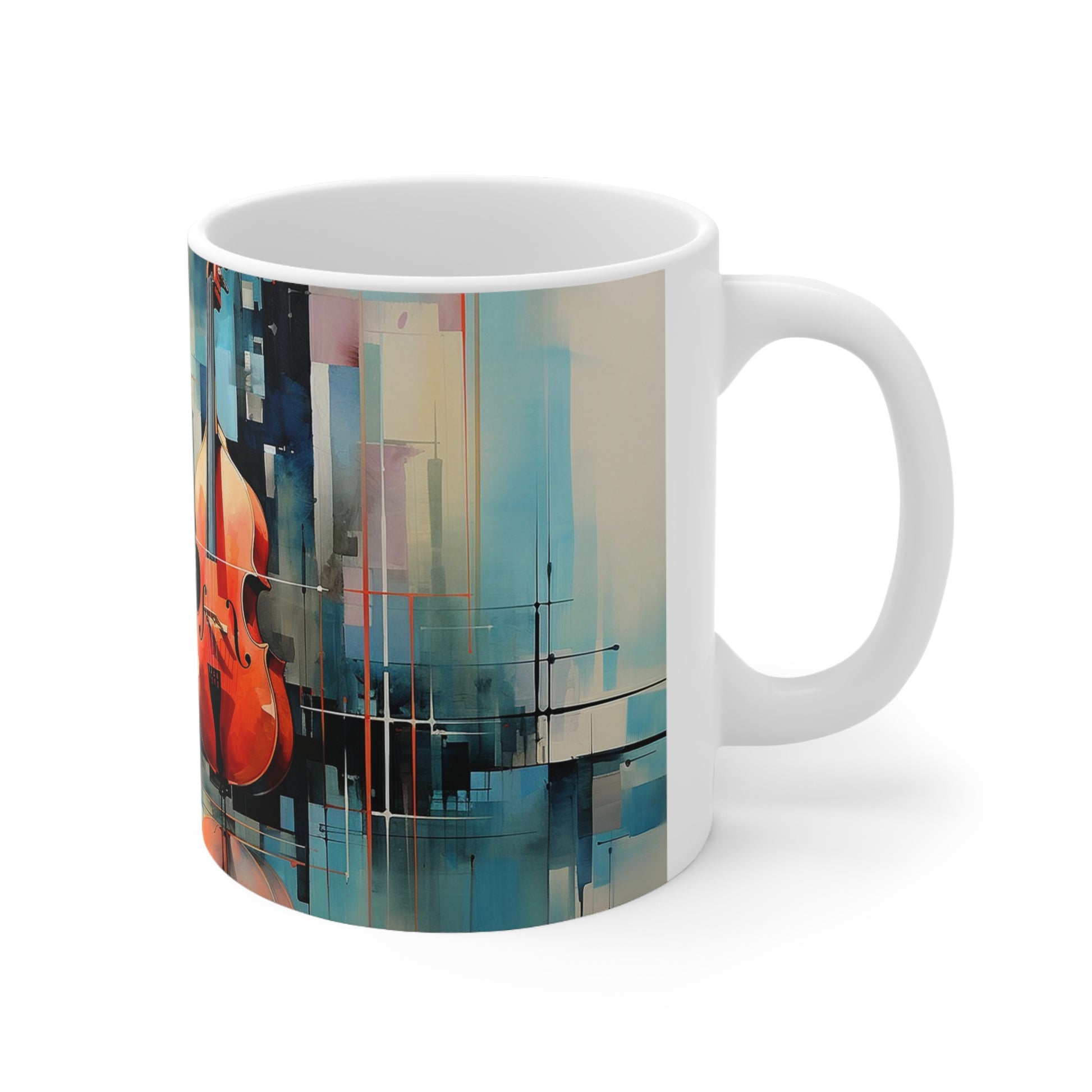 Close-up of the C-handle on the 11oz ceramic mug, offering a comfortable grip while enjoying your jazz-inspired beverage