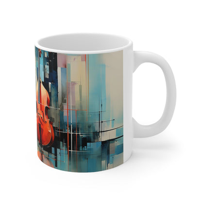 Close-up of the C-handle on the 11oz ceramic mug, offering a comfortable grip while enjoying your jazz-inspired beverage