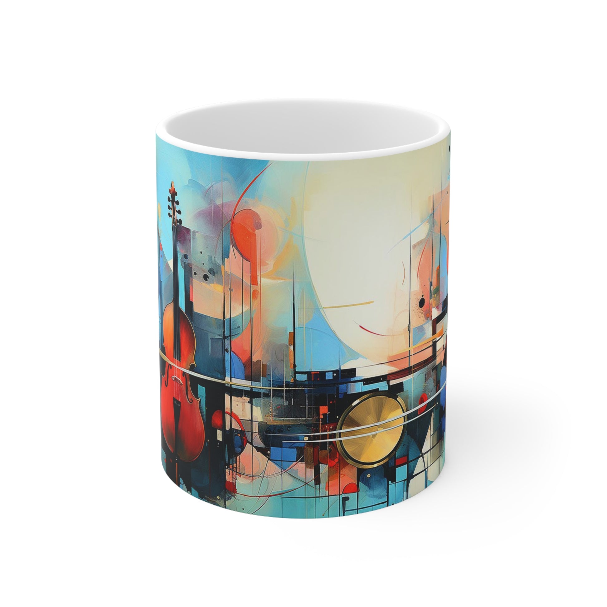 Close-up of the dynamic jazz design on the 11oz ceramic mug, with lively musical elements for an artistic touch