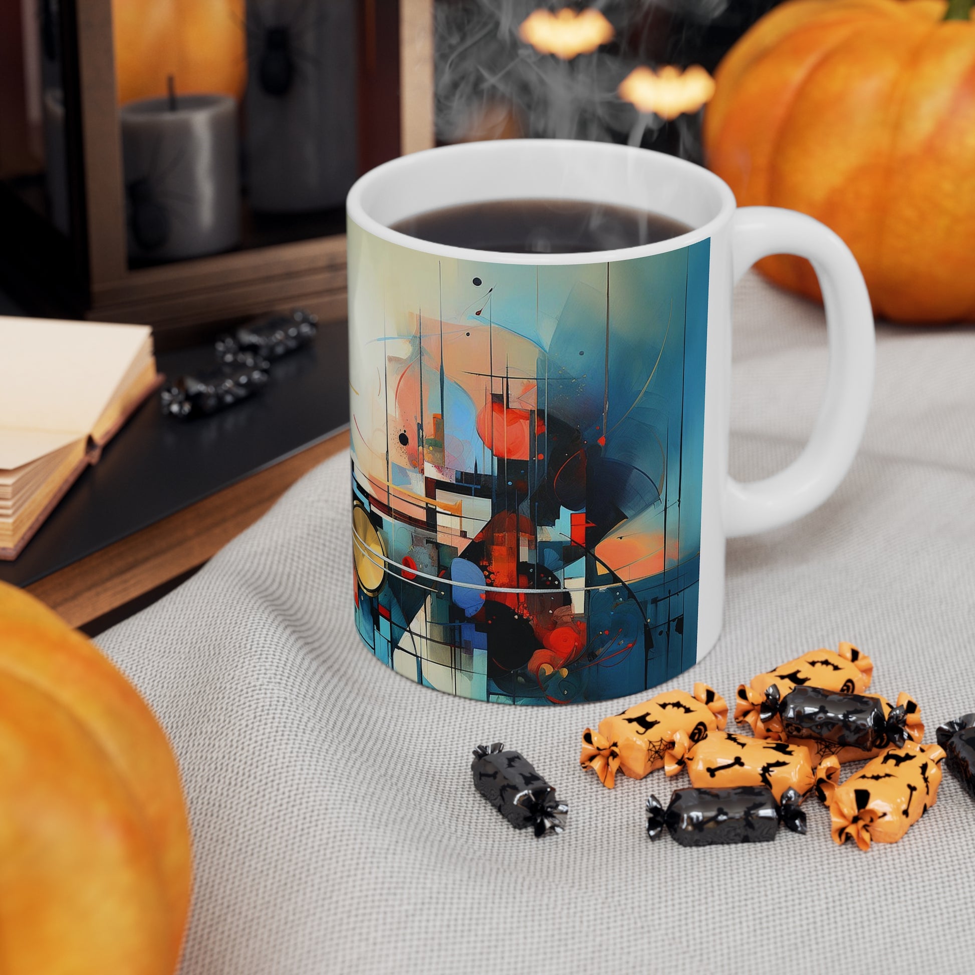 Jazz music mug on a table, 11oz ceramic mug with captivating musical artwork, ideal for your morning brew