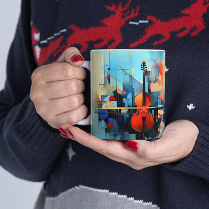 Model holding the jazz music mug, 11oz ceramic mug with an energetic design that brings rhythm to your coffee routine