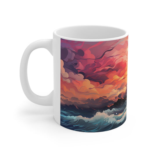 Coastal pastel lighthouse ceramic mug with C-handle, ideal for morning coffee or seaside gift ideas