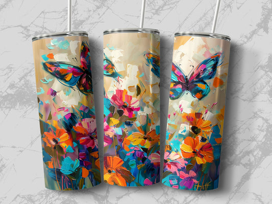 Insulated skinny tumbler featuring a palette-knife butterfly above a colourful wildflower garden.