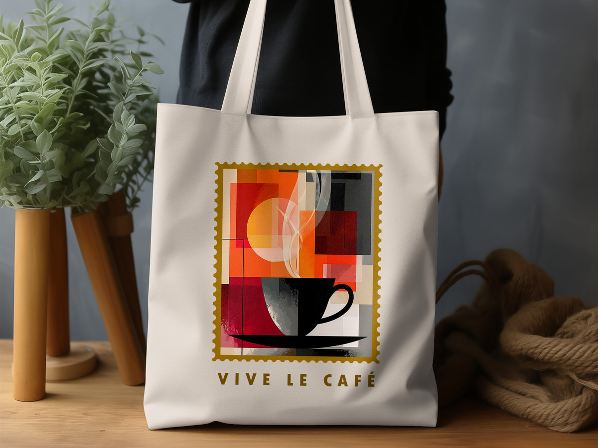 Abstract Coffee Blocks Tote Bag with black cup, geometric colour blocks, translucent golden circle and faint steam wisps.