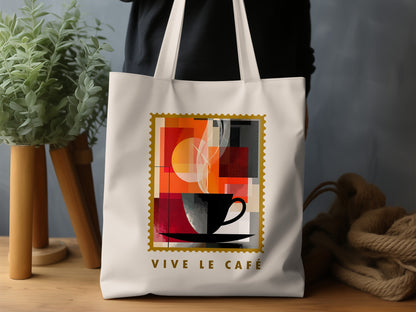 Abstract Coffee Blocks Tote Bag with black cup, geometric colour blocks, translucent golden circle and faint steam wisps.