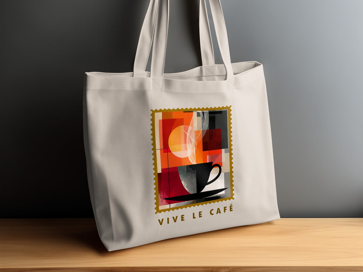 Abstract Coffee Blocks Tote Bag on timber sideboard with geometric artwork, golden circle and VIVE LE CAFE subtitle.