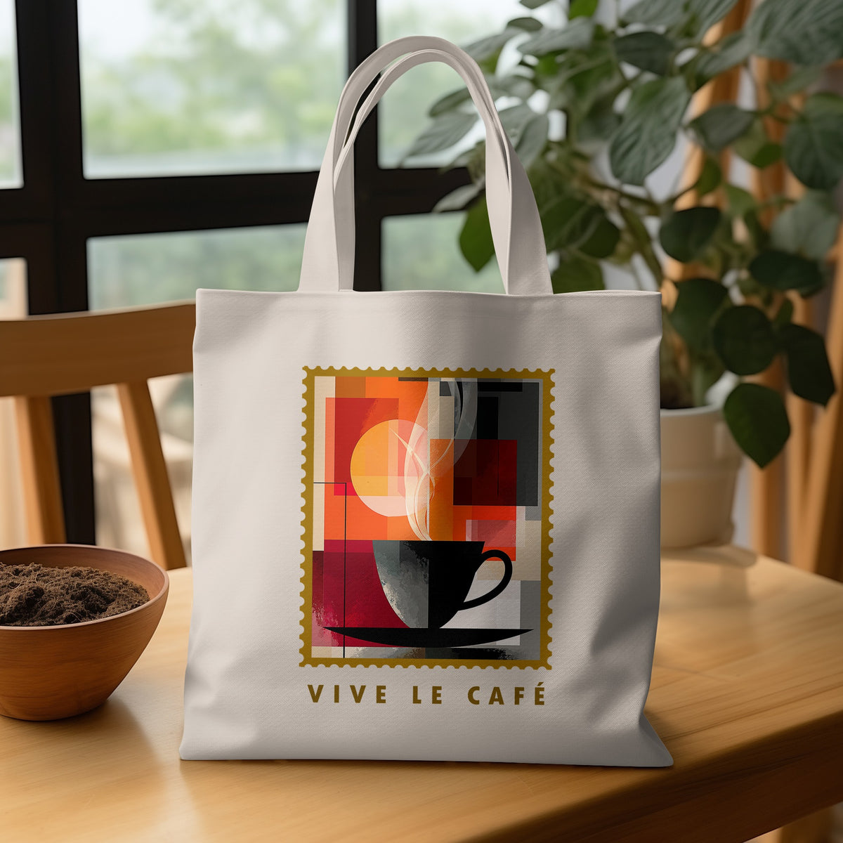 Abstract Coffee Blocks Tote Bag with red, orange, amber and charcoal blocks and VIVE LE CAFE lettering on wooden table.