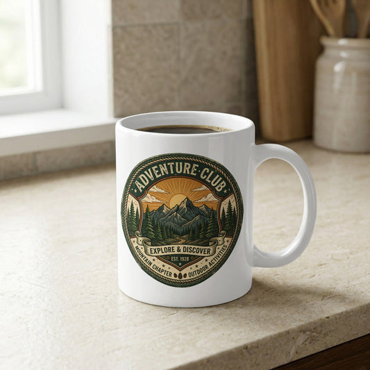 Adventure Club 11oz mug displayed on kitchen counter featuring pine forest, mountain trail and sunburst circular artwork.