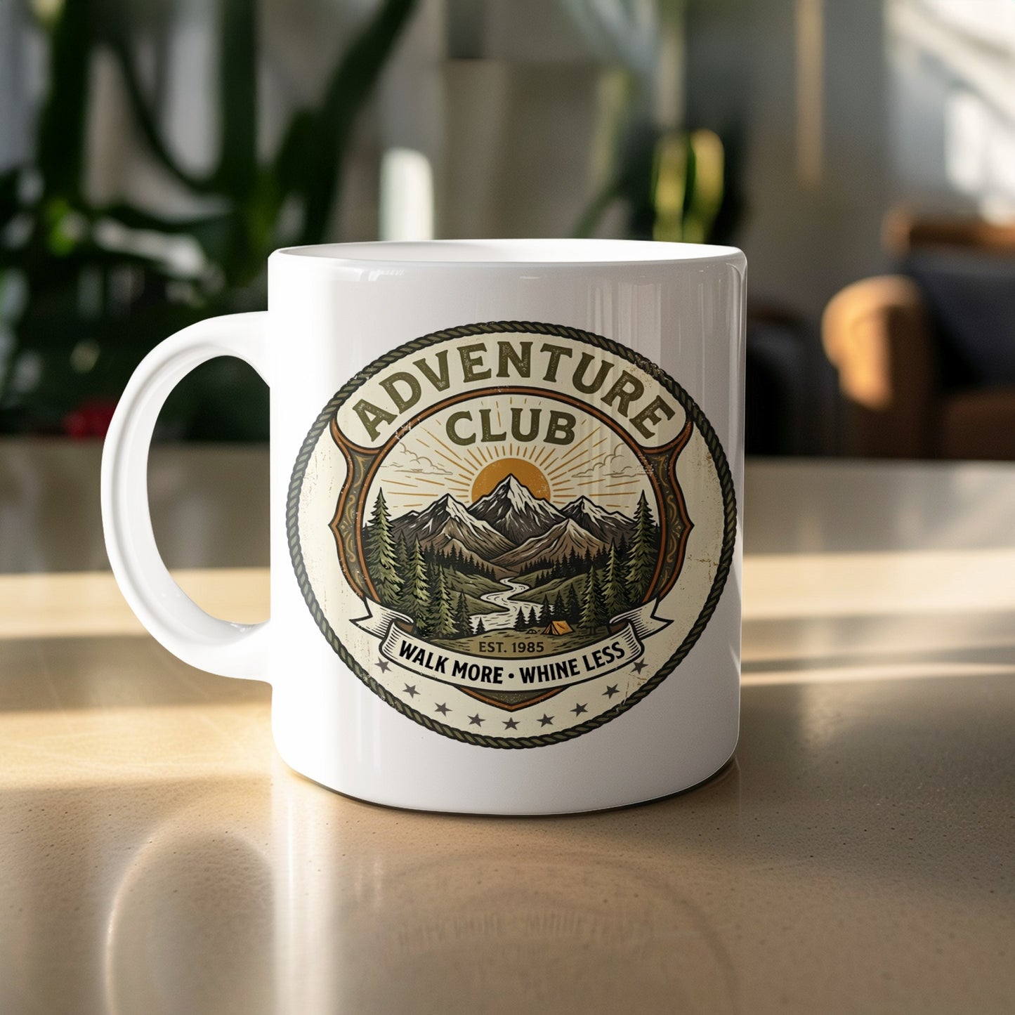 11oz Adventure Club ceramic mug featuring a mountain landscape, camping tent emblem, and Walk More Whine Less motto.