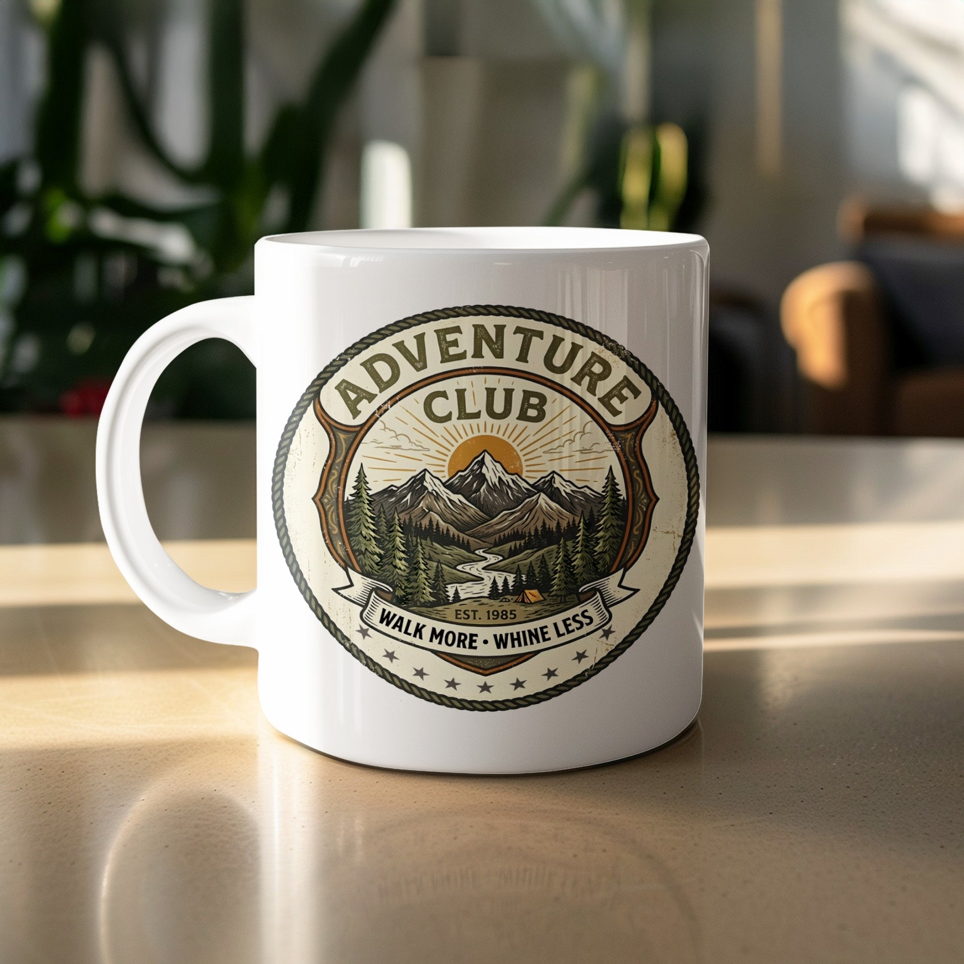 11oz Adventure Club ceramic mug featuring a mountain landscape, camping tent emblem, and Walk More Whine Less motto.