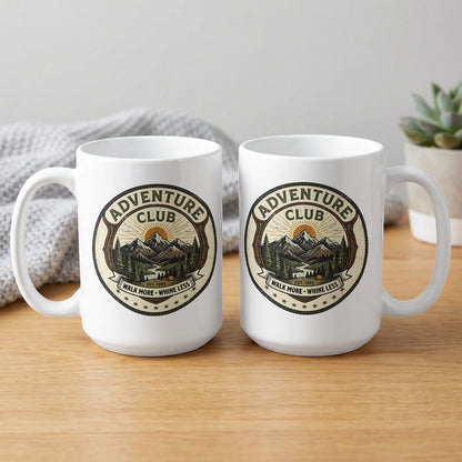 Pair of 15oz mugs showing how the Walk More Whine Less mountain peak emblem appears clearly on both sides of the mug.