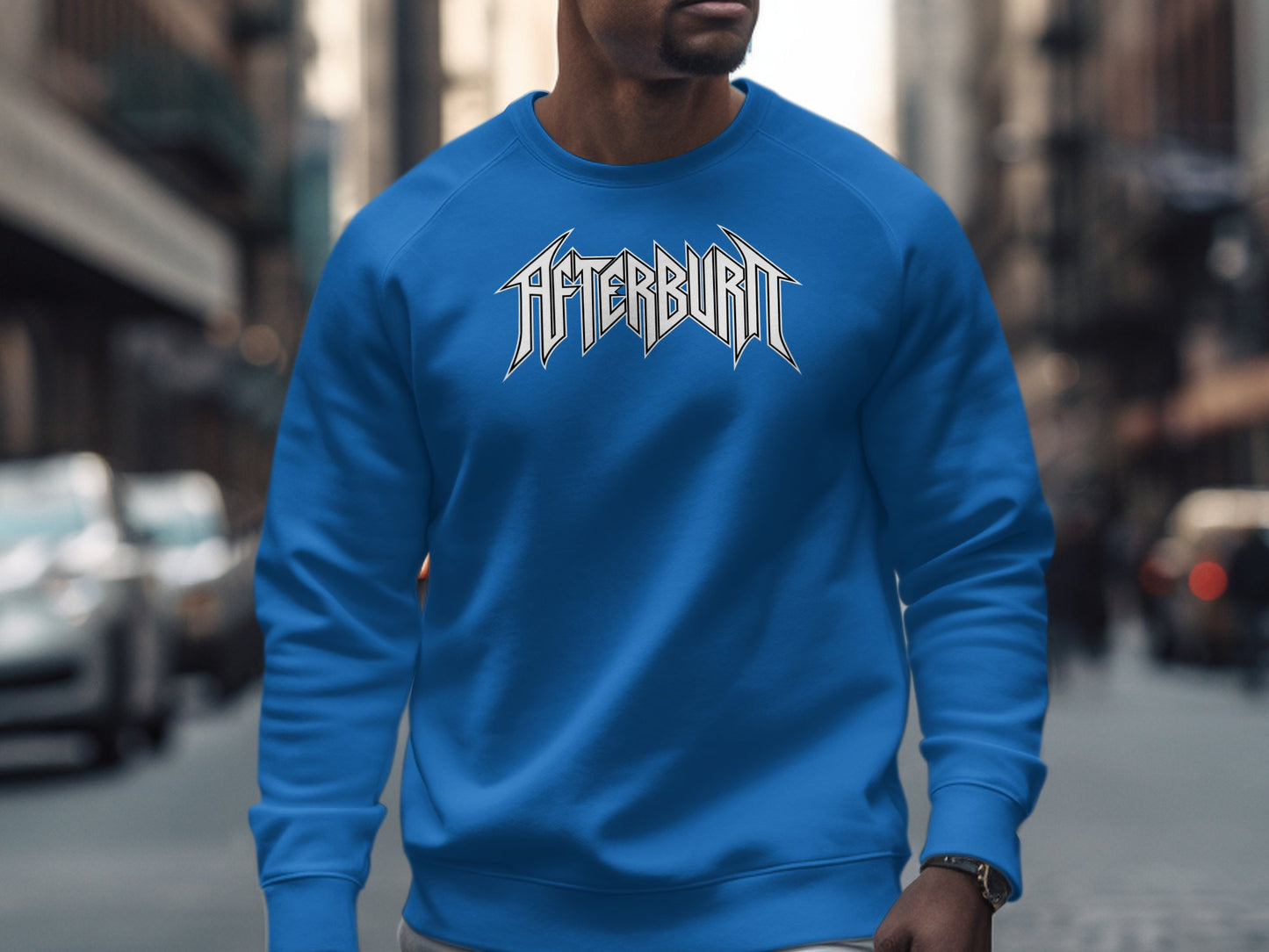 Royal Blue Afterburn Sweatshirt with soft cotton-blend fabric, crew neck, & loose unisex fit, ideal for a casual look