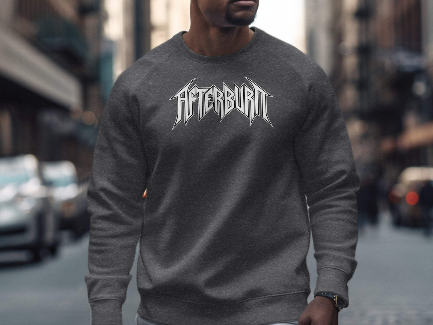 Dark Heather Afterburn Sweatshirt in medium-heavy cotton blend fabric, featuring a crew neck & unisex fit.