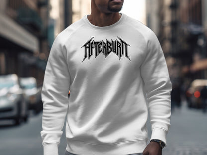White Afterburn Sweatshirt with a seamless body, cotton blend fabric, and relaxed unisex fit, perfect for laid-back styling.