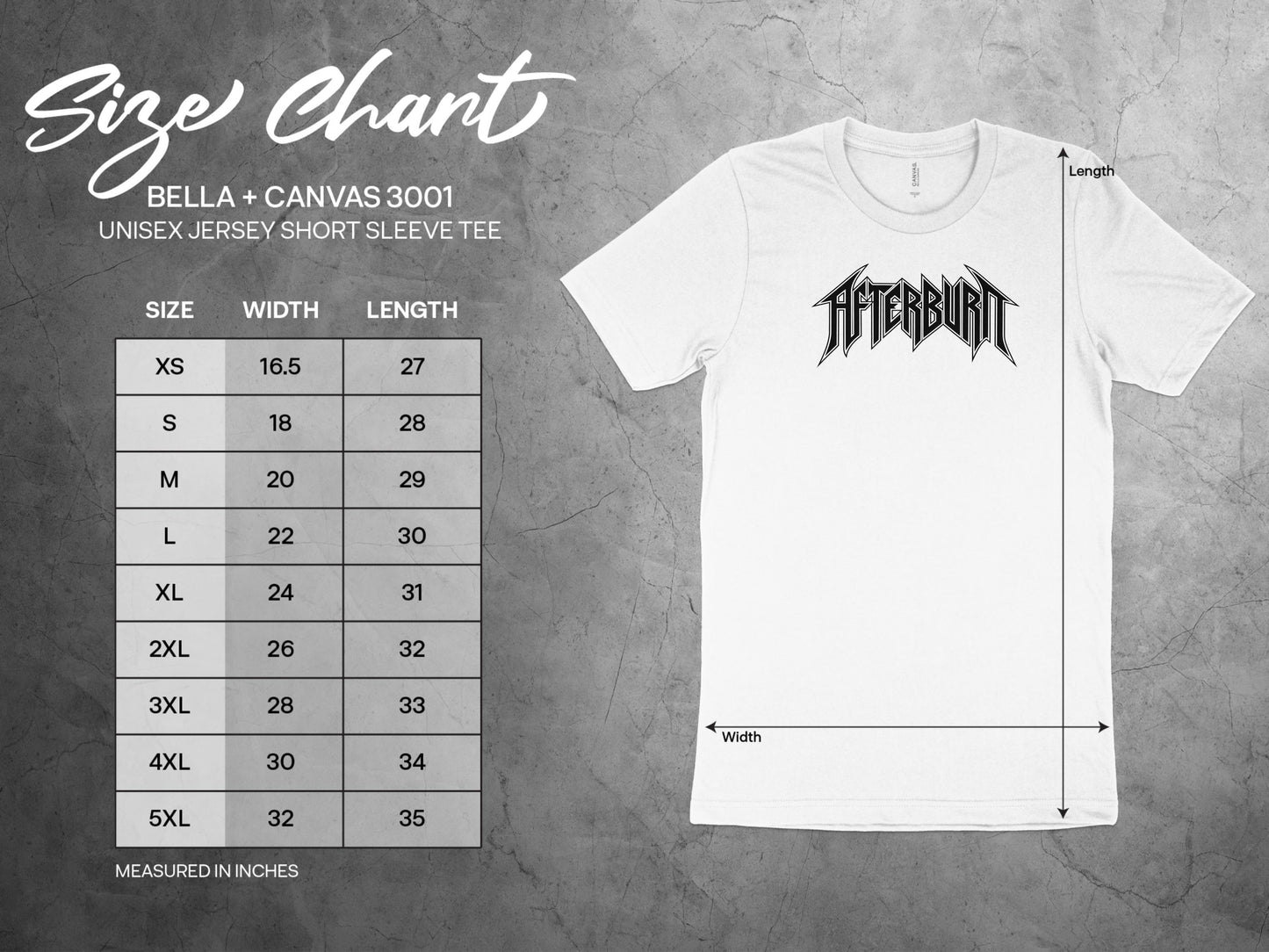 Size chart for Afterburn T-Shirt – unisex fit available from small to 3XL for accurate sizing.