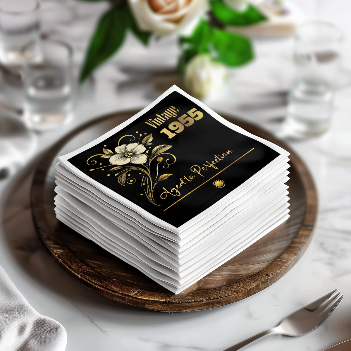 Elegant milestone birthday napkins displaying a custom year, gold decorative typography and botanical engraving details.