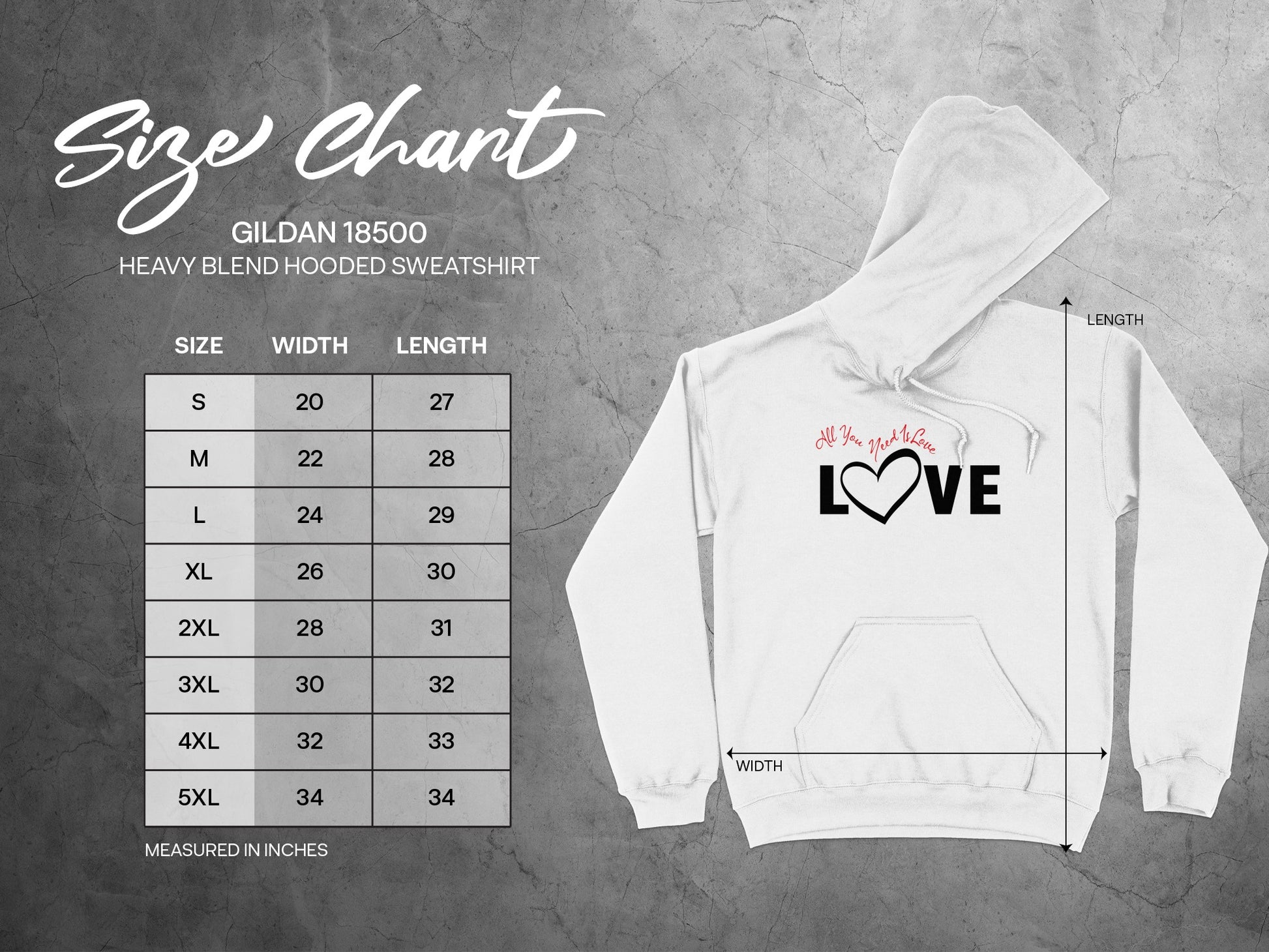 All You Need is Love hoodie size chart showing chest width and body length measurements for the perfect fit.