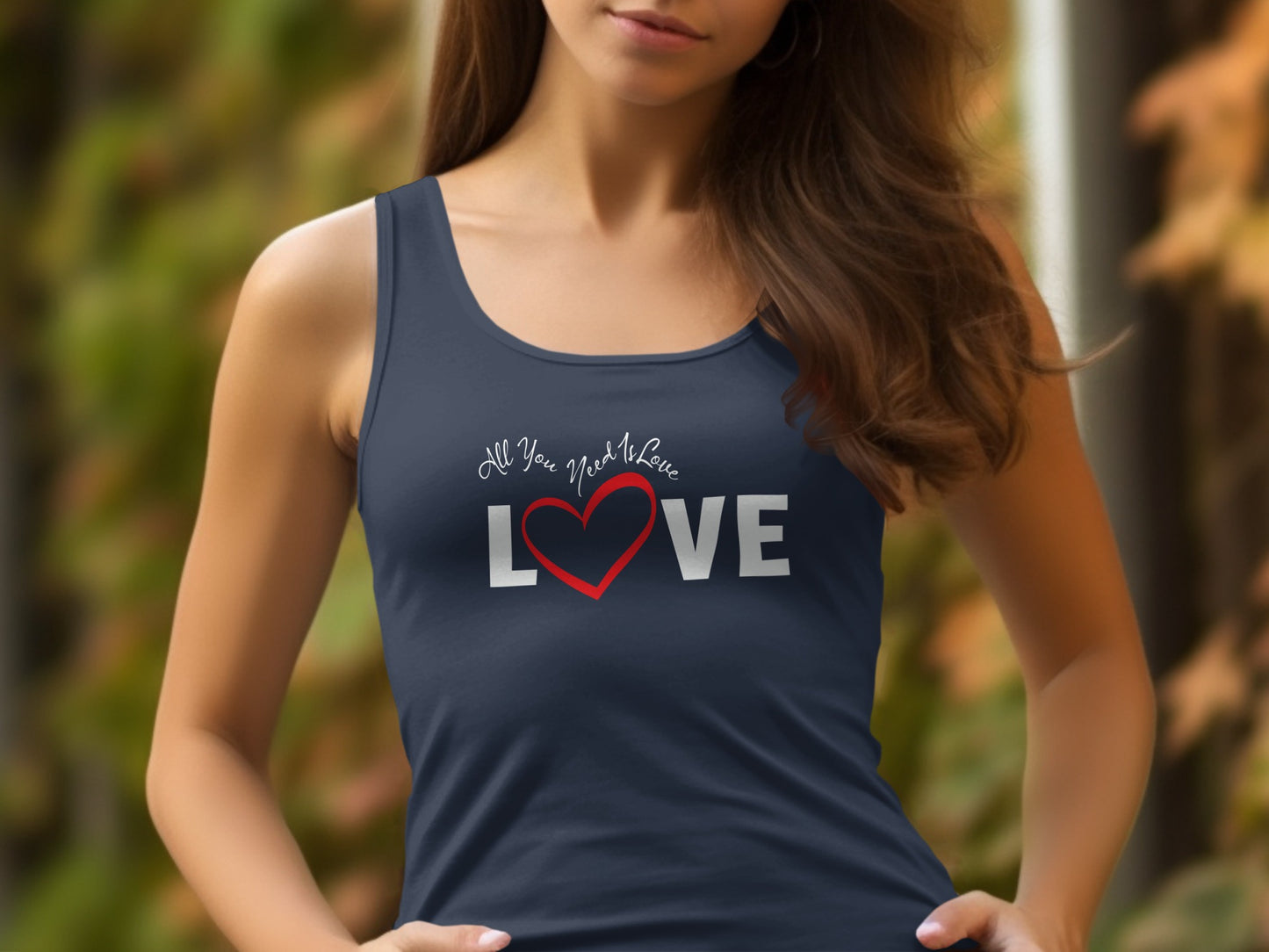 All You Need Is Love tank top in navy, unisex sleeveless with cotton fabric, relaxed fit, and versatile casual styling.