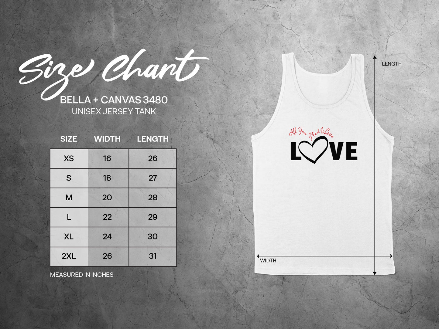 Unisex tank top size chart showing chest width, body length, and garment measurements for accurate fit.