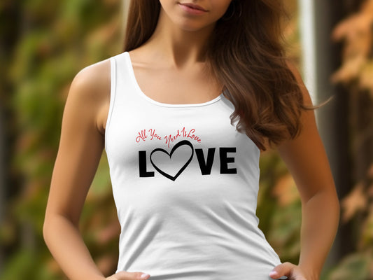All You Need Is Love tank top, white unisex sleeveless with lightweight cotton, relaxed fit, and clean summer look.