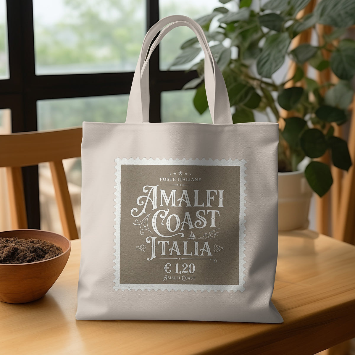 Amalfi Coast Italia Tote Bag showing the complete taupe-brown panel, perforated white border, Italian lettering and postal-inspired details.