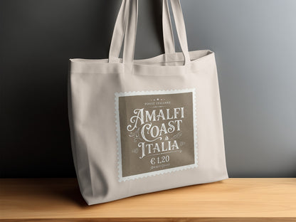 Amalfi Coast Italia Tote Bag featuring ornate Victorian typography, Italian postal-inspired detailing and a taupe-brown design on natural canvas.