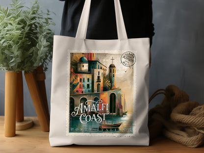 Amalfi Coast Postage Stamp canvas tote lifestyle display with painterly Mediterranean scenery, harbour boat and vintage stamp details.