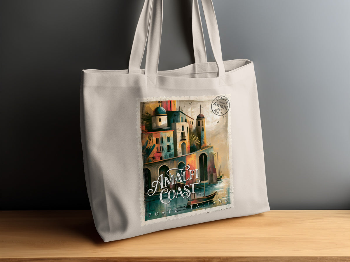 Amalfi Coast Postage Stamp Tote Bag on timber sideboard with Italia / Amalfi / 1955 / Mail postmark and white border.