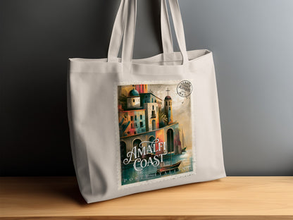 Amalfi Coast Postage Stamp Tote Bag on timber sideboard with Italia / Amalfi / 1955 / Mail postmark and white border.