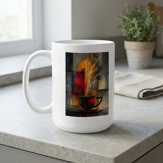 15oz Amber Steam white mug on a kitchen bench featuring cream steam trails and a large amber-golden disc.