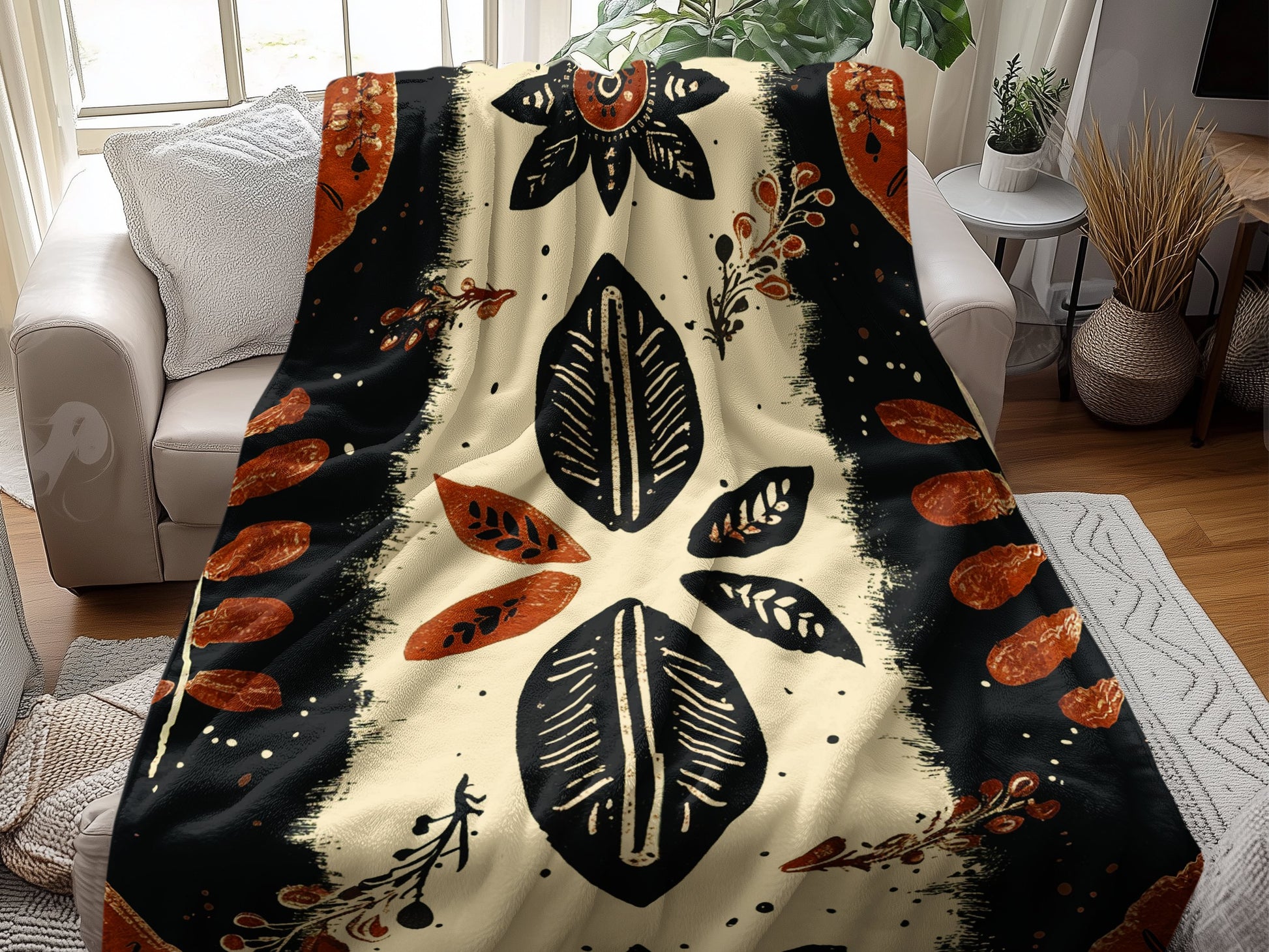 Relax in the 60x80 inch Ancient Roots Arctic Fleece Blanket, ultra-soft fleece with a vibrant, nature-inspired design.