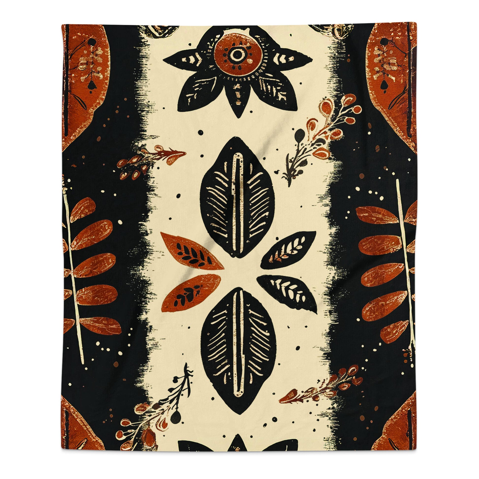 Ancient Roots Arctic Fleece Blanket in soft polyester fleece, with a vibrant, earthy design with a cozy, single-side print.