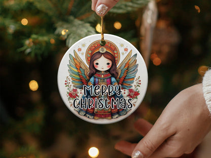 Round holiday ornament with bohemian angel artwork, festive foliage, and Merry Christmas lettering.