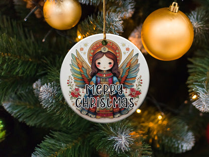 Ceramic Christmas ornament showcasing an angel in a blue and red gown with vibrant feathered wings.