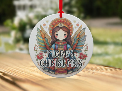 Christmas decoration with angel girl portrait, multicoloured wings, poinsettias, and decorative halo design.
