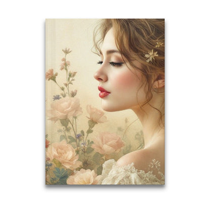 Antique Feminine Journal featuring a soft-focus female portrait surrounded by blush roses and lavender sprigs.