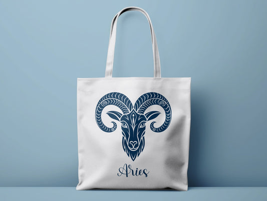 Aries Tote Bag featuring astrology-inspired artwork with decorative scrollwork and fire sign symbolism.