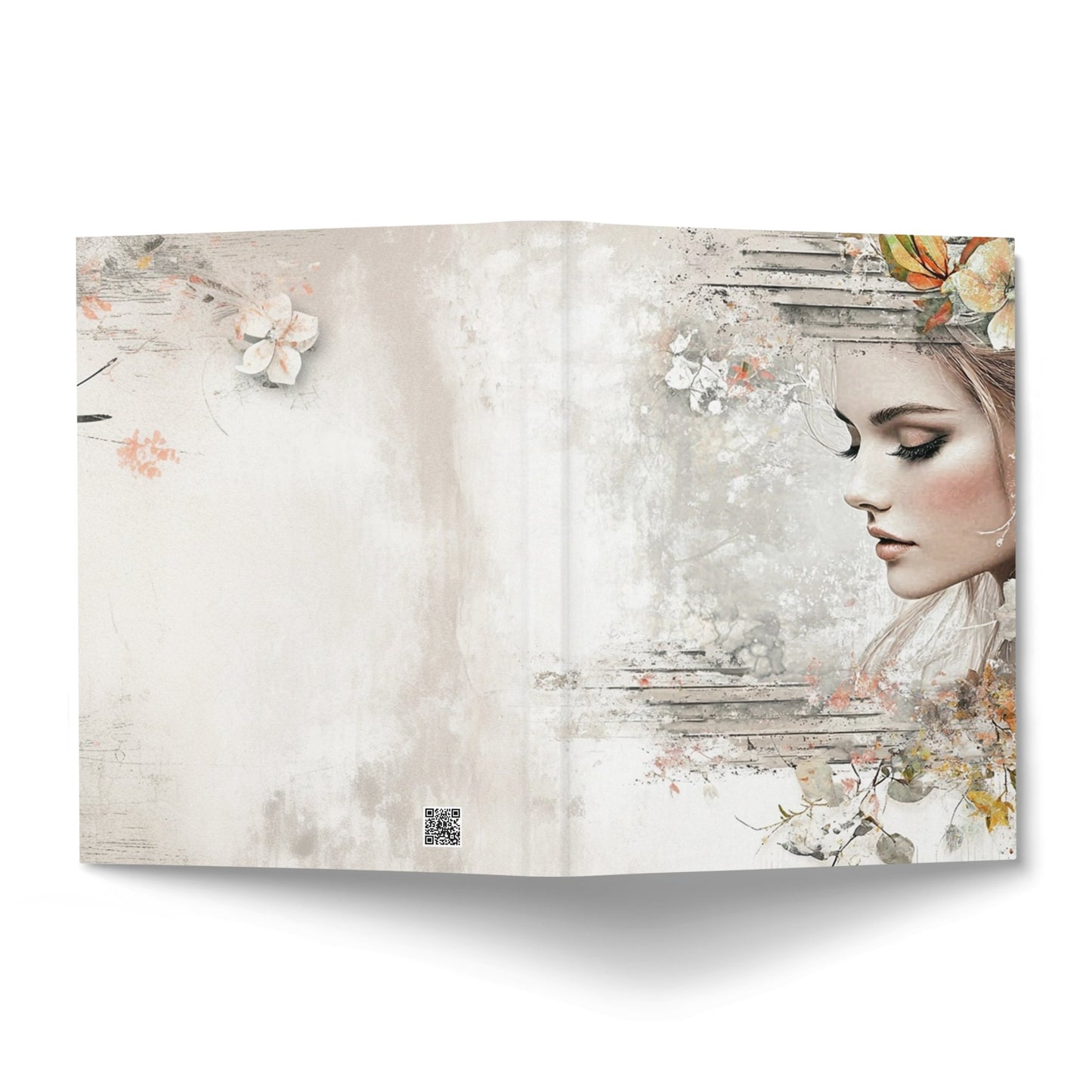 Artistic Floral Woman Journal displaying a mixed-media portrait cover and coordinating botanical back design.