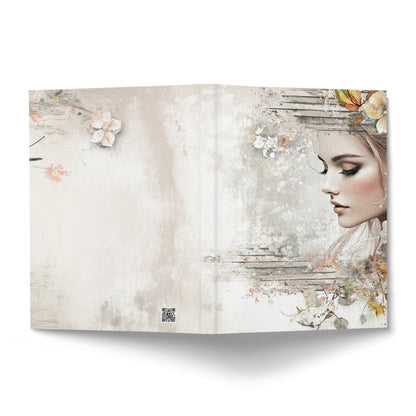 Artistic Floral Woman Journal displaying a mixed-media portrait cover and coordinating botanical back design.